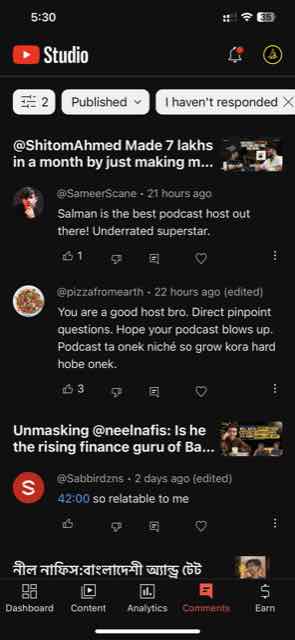 YouTube Studio comments, including Sameer Scane writing that Salman is the best podcast host out there.