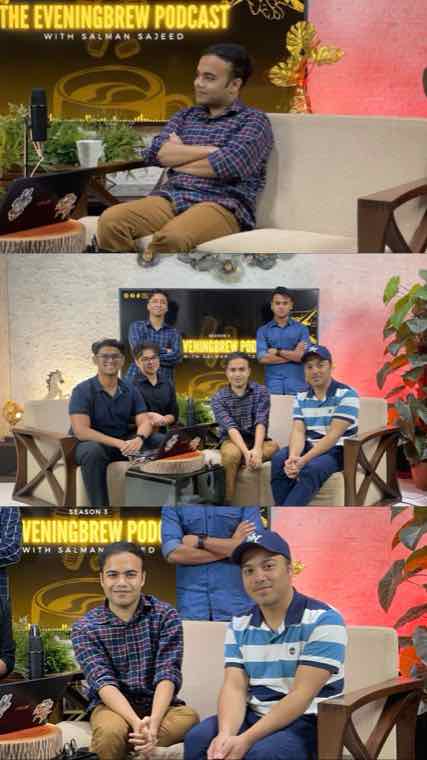 Content creator Khaled Nur on the sofa, then posing with the team under the Season 3 title screen.