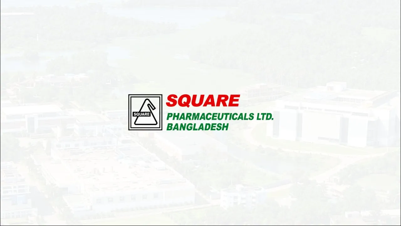 Square Pharmaceuticals Ltd. logo over an aerial view of its campus